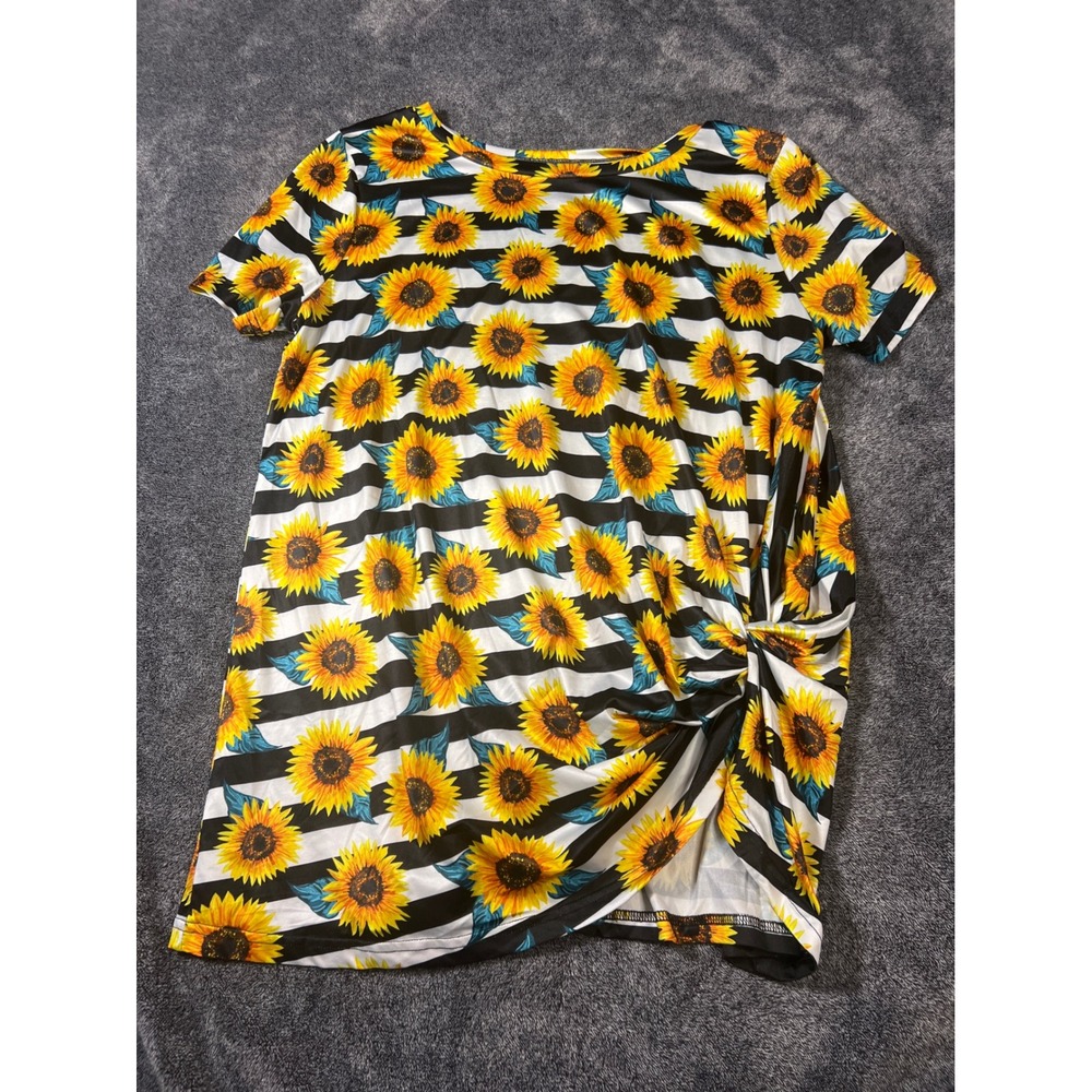 Crazy Train Sunflower Striped Side Knot Tunic Top Black White Yellow Medium
